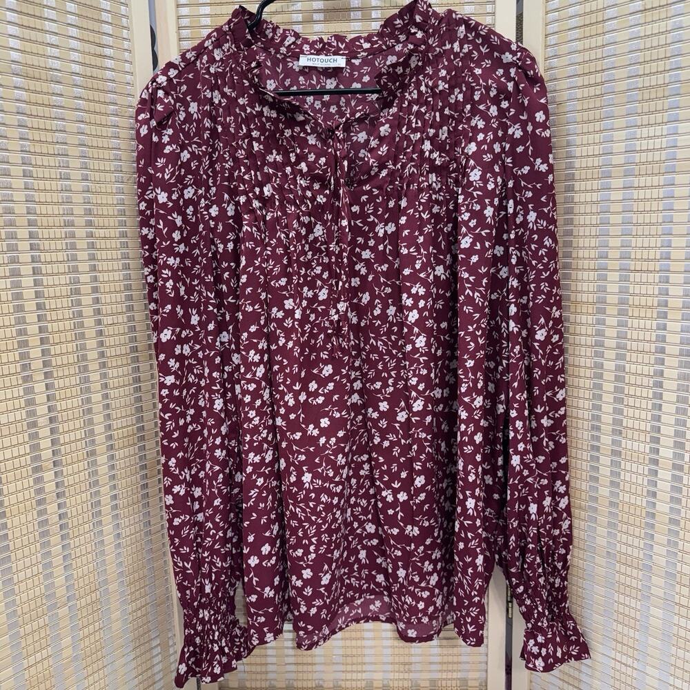Hotouch Top Women's Size XL Burgundy Floral Pattern Long Sleeve Smocked Wrists